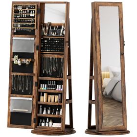 360Â° Swivel Jewelry Armoire, Lockable Jewelry Cabinet with Full-Length Mirror, Storage Shelves, Rustic Brown