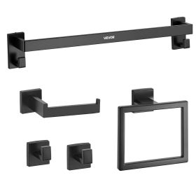 VEVOR Matte Black Bathroom Hardware Set, 5 Pieces Stainless Steel Bathroom Accessories Set, 24-inch Towel Bar, Towel Rack, 2 Robe Towel Hooks