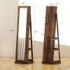 360Â° Swivel Jewelry Armoire, Lockable Jewelry Cabinet with Full-Length Mirror, Storage Shelves, Rustic Brown