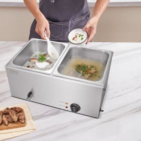 Commercial Electric Food Warmer 2-Pan Countertop Buffet 24QT Bain Marie (Option: Silver)