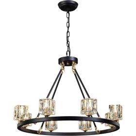 Black Wagon Wheel Chandelier, 8-Light Farmhouse Crystal Chandeleirs With Adjustable Height,Ceiling Hanging Light Fixture Pendant Lights For Livin (Option: Black)