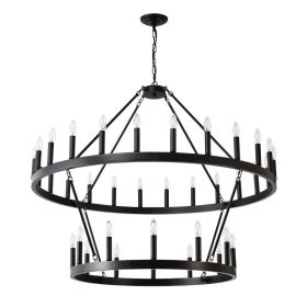 2 Tiers Wagon Wheel Chandelier Wooden Farmhouse 36-Light Black Metal Chandeliers 2-Story Light Fixtures Industrial For High Ceiling Living Dining (Option: Matte Black)